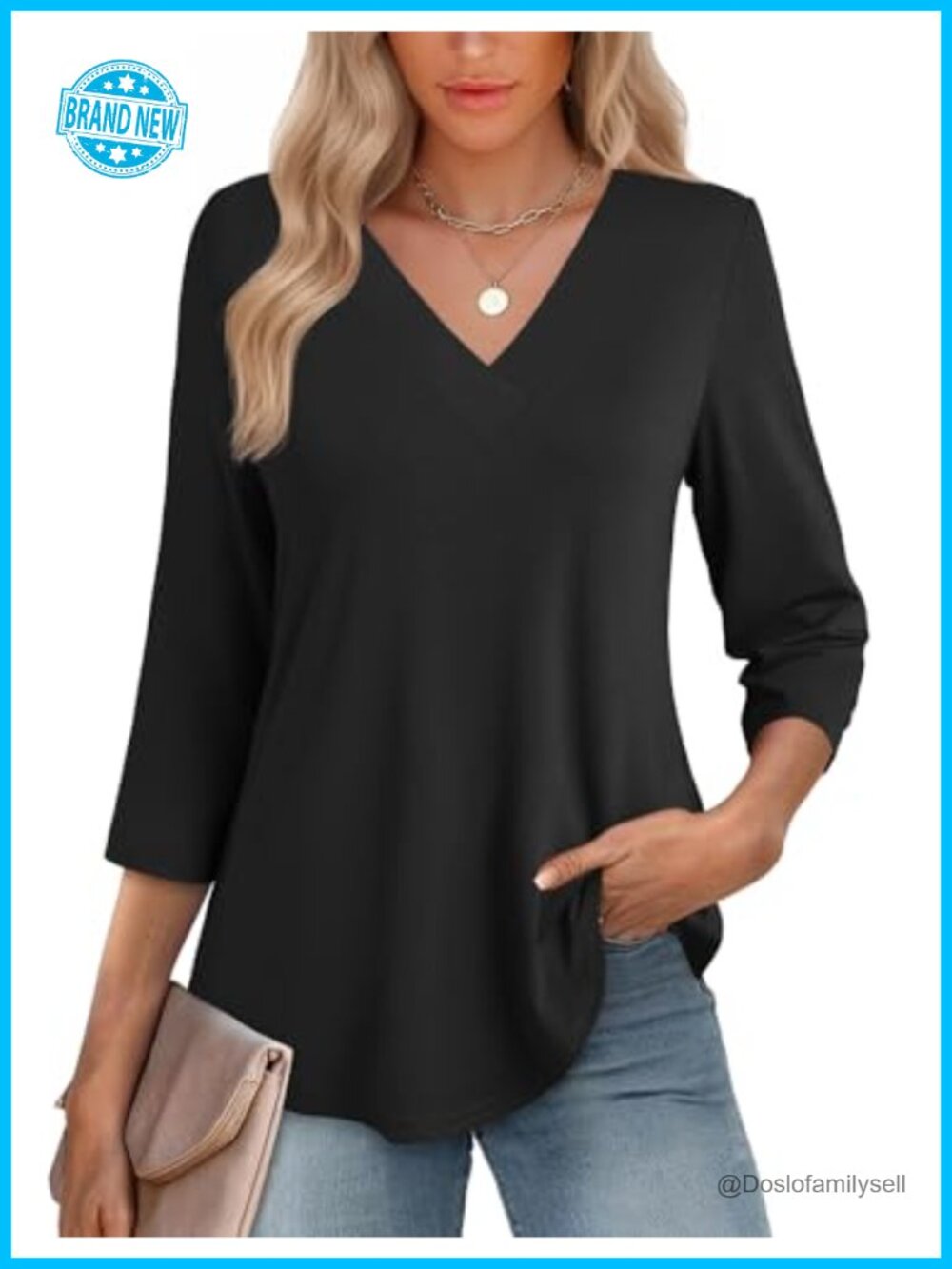 Womens 3/4 Sleeve V Neck Curved Hem Flowy Tunic Top Loose Fit Dressy Casual